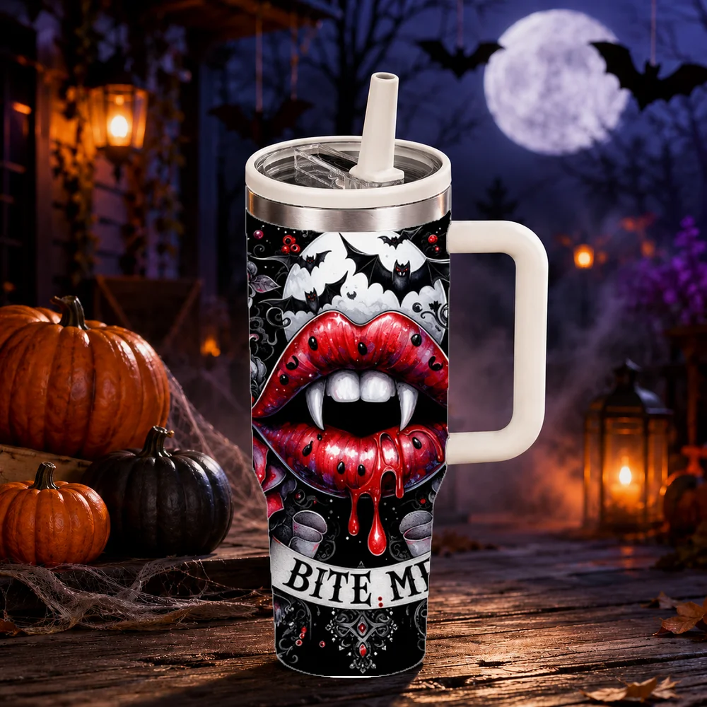 Vampire Red Lips Gothic Vacuum Flasks 40oz Large Capacity Stainless Steel Tumbler with Handle Straw Lid Insulated Mug Cup