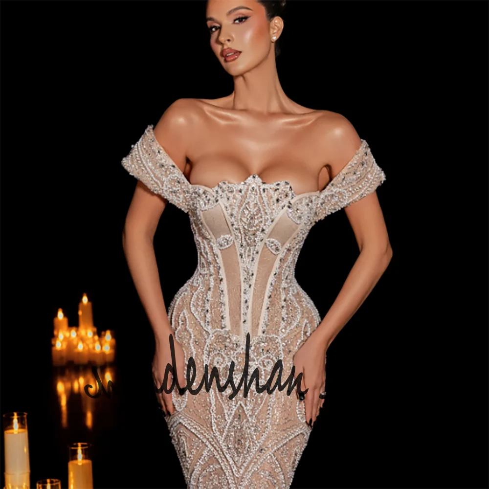 

Роскошное вечернее платье-русалка с открытыми плечами, расшитое бисером, для женщин, с изысканной вышивкой, для свадеб и выпускных вечеров