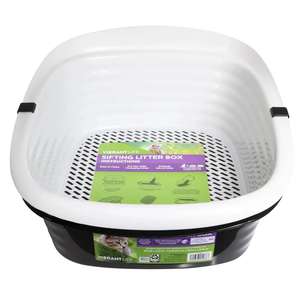 

Sifting Cat Litter Box, 2 Open Top Plastic Cat Litter Pans and Cat Litter Tray, Large, Black