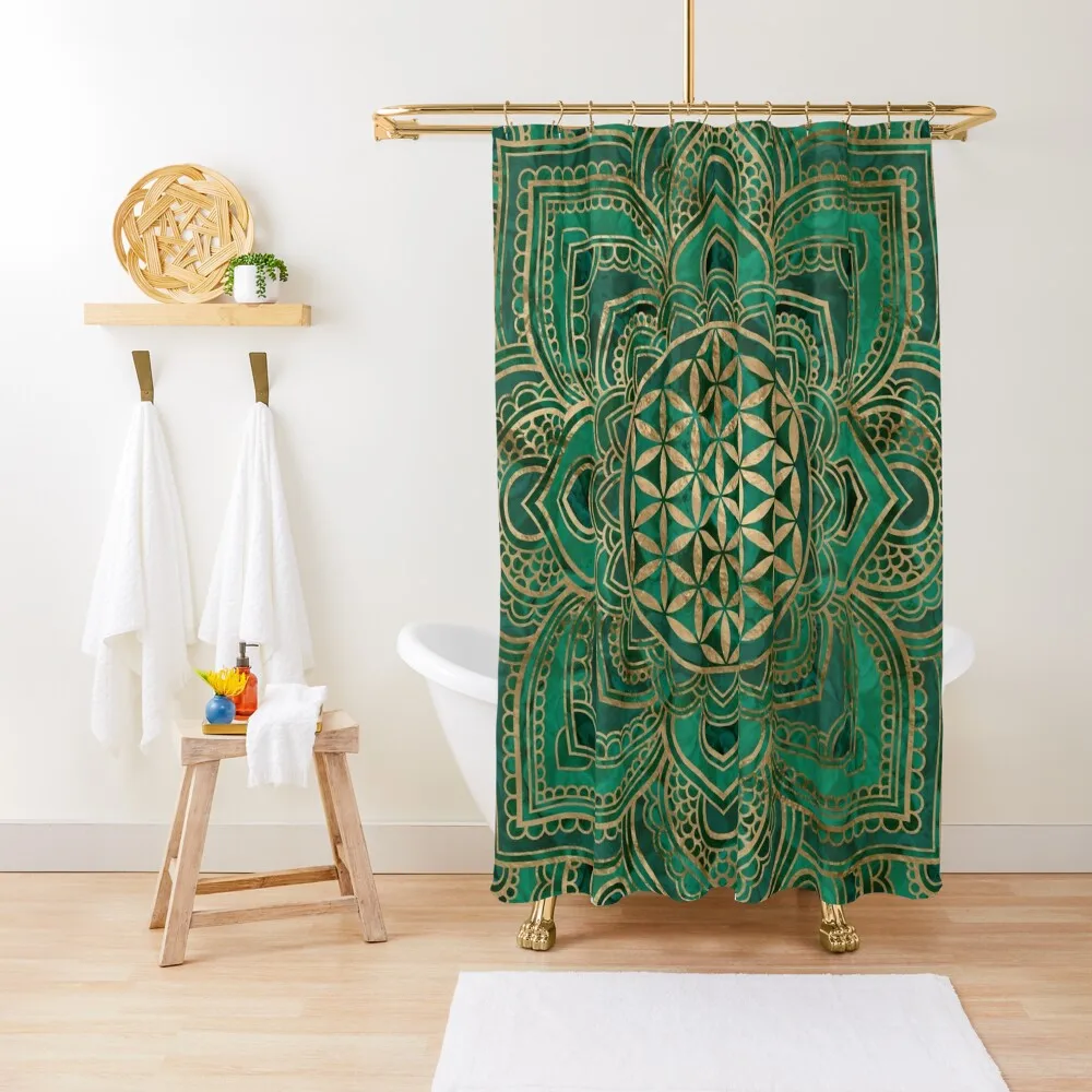 

Flower of Life in Lotus - Malachite and gold Shower Curtain Shower Curtain For Bathroom