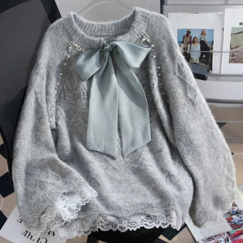 

Fashion Sweet Elegant Pullovers Bow Lace Patchwork Beading Design Sweaters 2025 New Knit Tops All Match Loose Women's Clothing