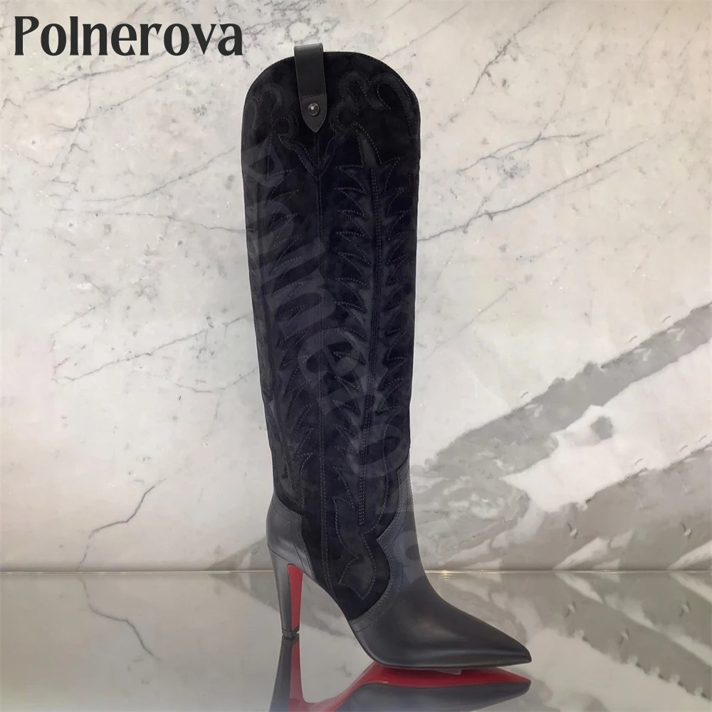 Vintage Washed Denim Western Knee Boots Embroidered Denim Pull-On Boots for Women Pointed Toe Stiletto Designer Handmade Boots
