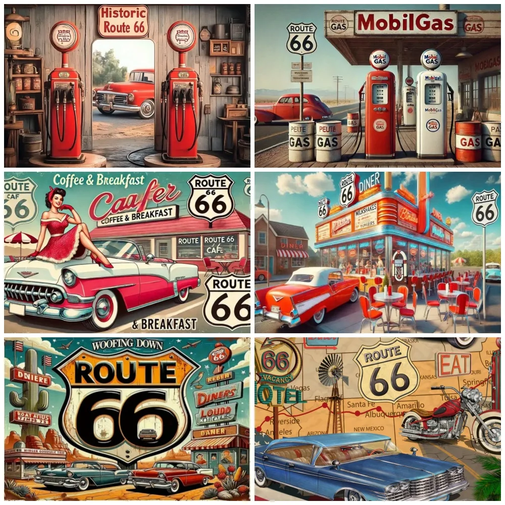 

Retro Route 66 Gas Station Party Decoration Backdrop American Highway Retro Hot Garage Camping Travel Background Supplies Gifts