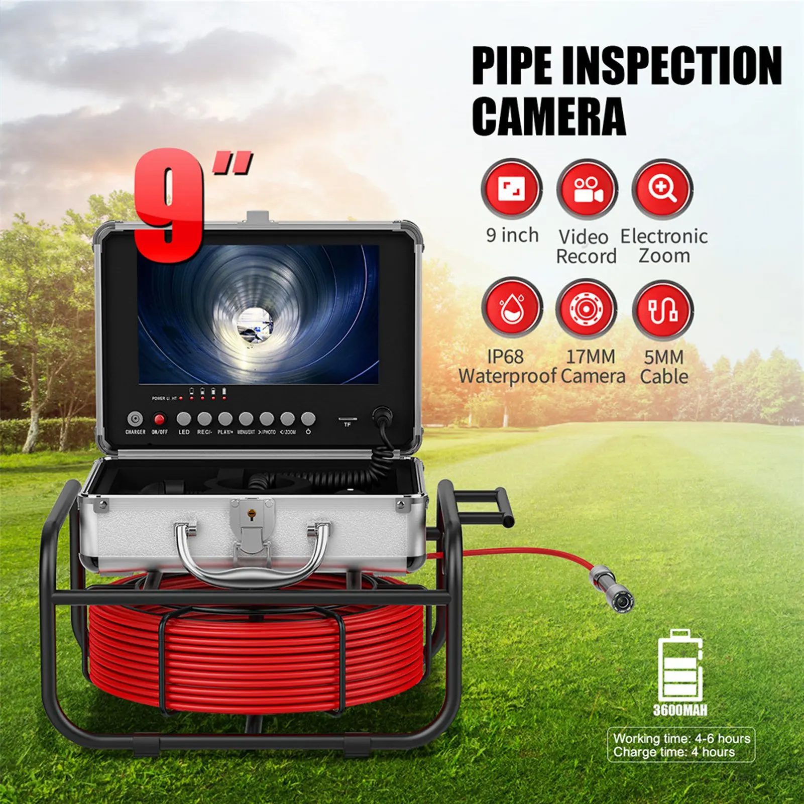

Pipe Endoscope Camera AHD 720P 8 Adjustable LED Light 9in LCD Display Sewer Camera 17mm Dia Sewer Camera Pipe Inspection Camera