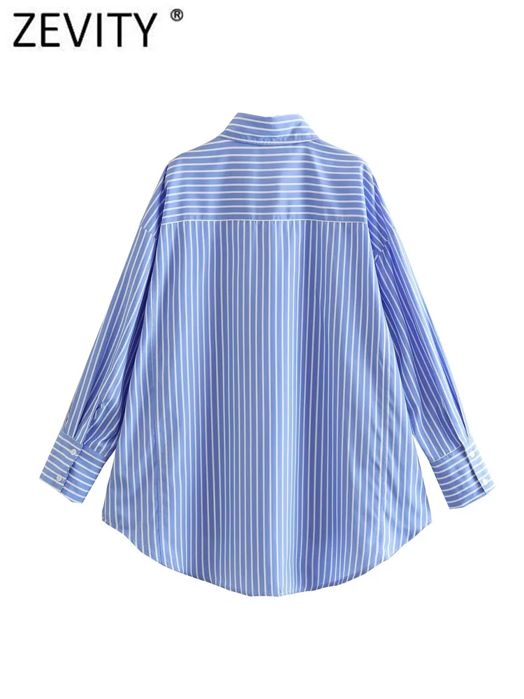 Zevity Women Fashion White Blue Striped Print Loose Shirt Office Lady Double Pocket Patch Smock Blouse Roupas Chic Tops LS3468