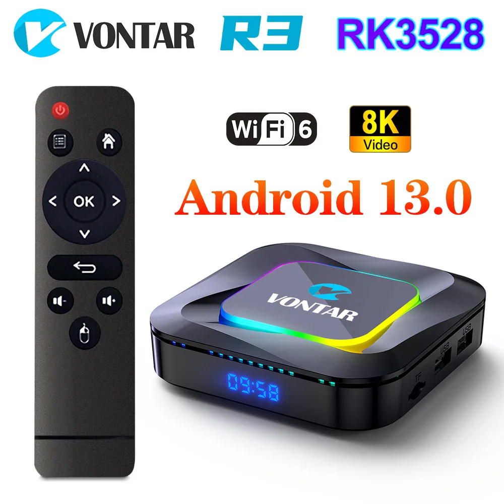 VONTAR R3 RGB Light Android 13.0 TV Box RK3528 رباعي النواة Cortex A53 يدعم 8K Video HDR10 + BT5.0 Wifi6 Google Voice Media Play
