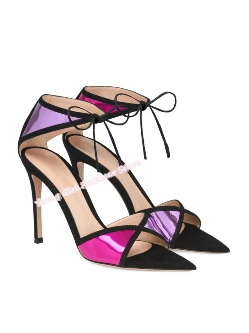 Red And Purple Color Blocking Pointed Stilettos Women's Sandals Pointed Exposed Toes Straps Handmade Luxury Banquet Shoes