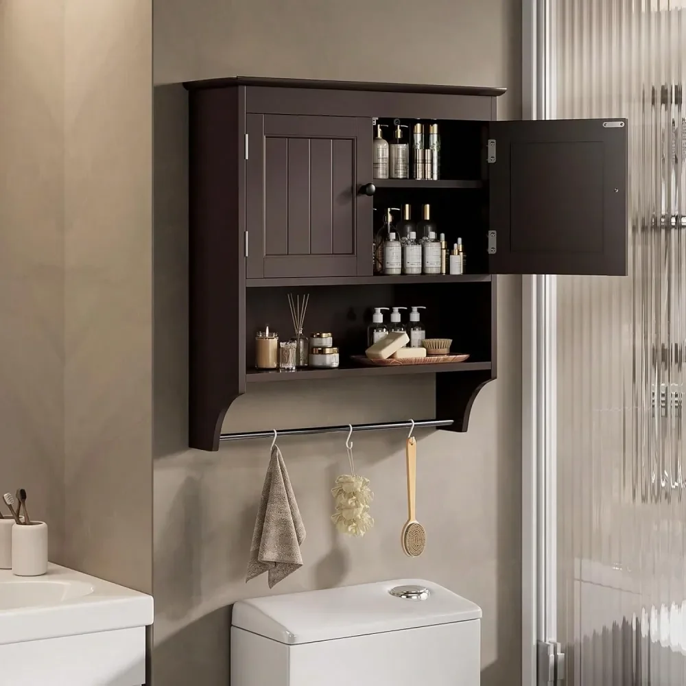 

Wall Cabinet With Towels Bar, Wall Mounted Medicine Cabinet With 2 Door And Adjustable Shelves, Space Saver Over Toilet Storage