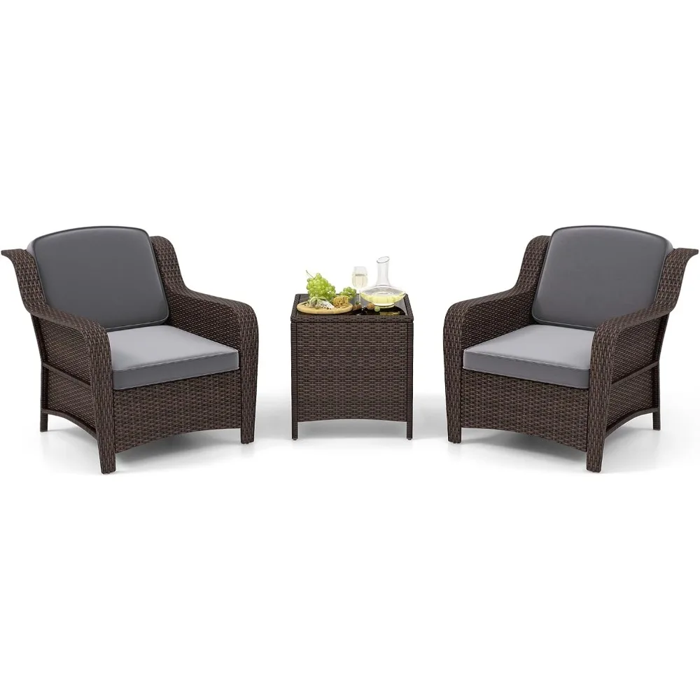 

3 Pieces Outdoor Patio Furniture Set, Patiojoy PE Rattan Wicker Chairs with Cushions and Tempered Glass Coffee Table, Outdoor W