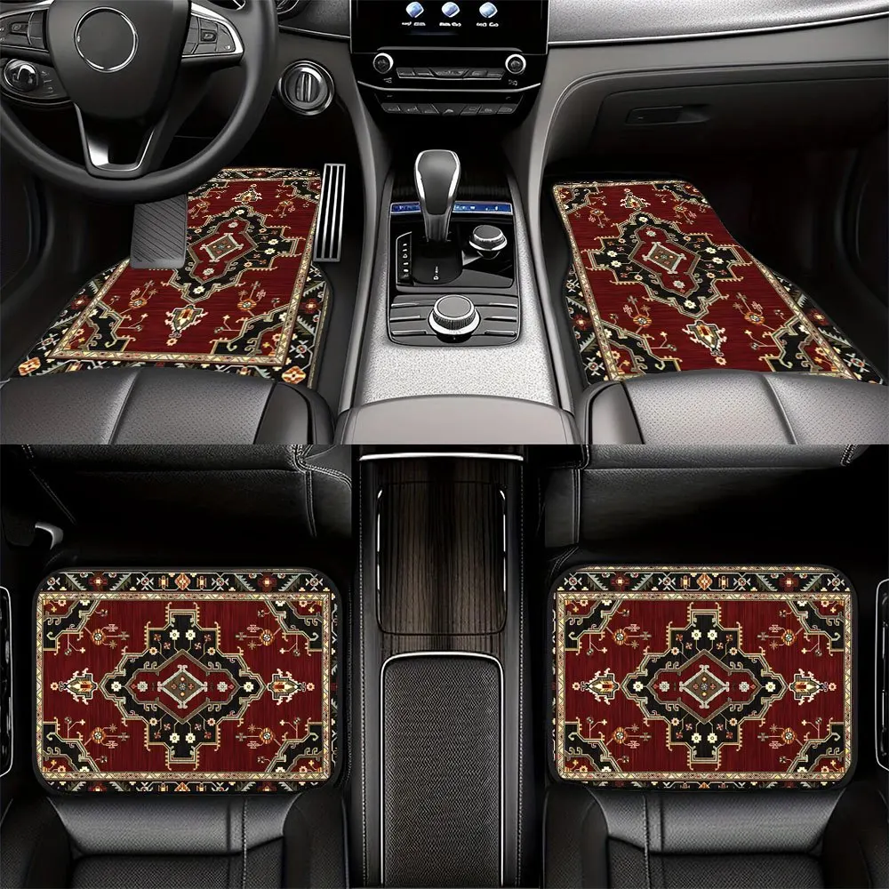 

2pcs/4pcs Bohemian Retro Yellow And Red Car Floor Mat Set - Durable Easy-Clean Polyester Material, Stylish Elegant Design With V