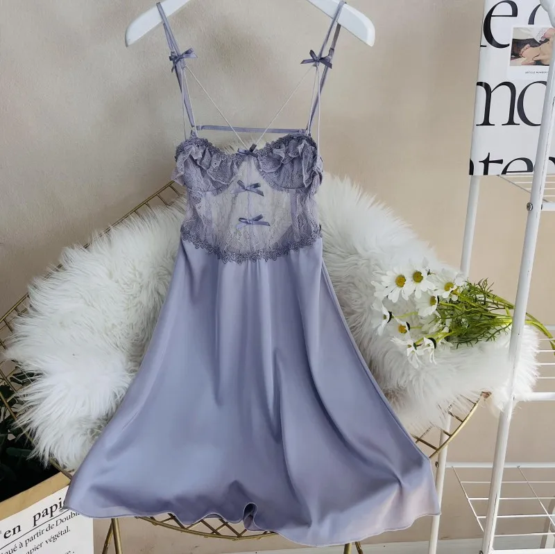 

New Female Suspender Nightgown Sleepwear Sexy Patckwork Lace Backless Nightdress Lingerie Summer Loose Silk Satin Home Wear