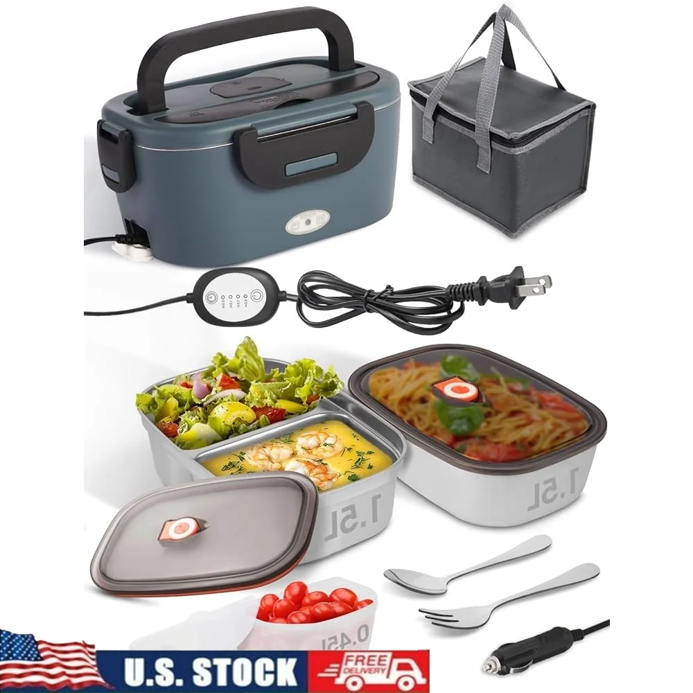 80W Heated Lunch Box with Timer Two 1.5L Stainless Steel Containers Leak Proof Electric Meal Heater Home Office Car