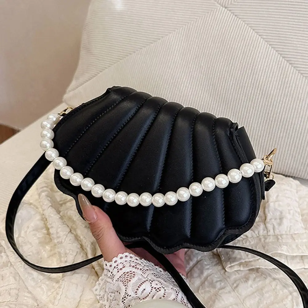 

Stylish Cute Shell Shoulder Bag with Pearls Design PU Leather Pearl Decorated Handbag Minimalist Purse Bag for Women Girls