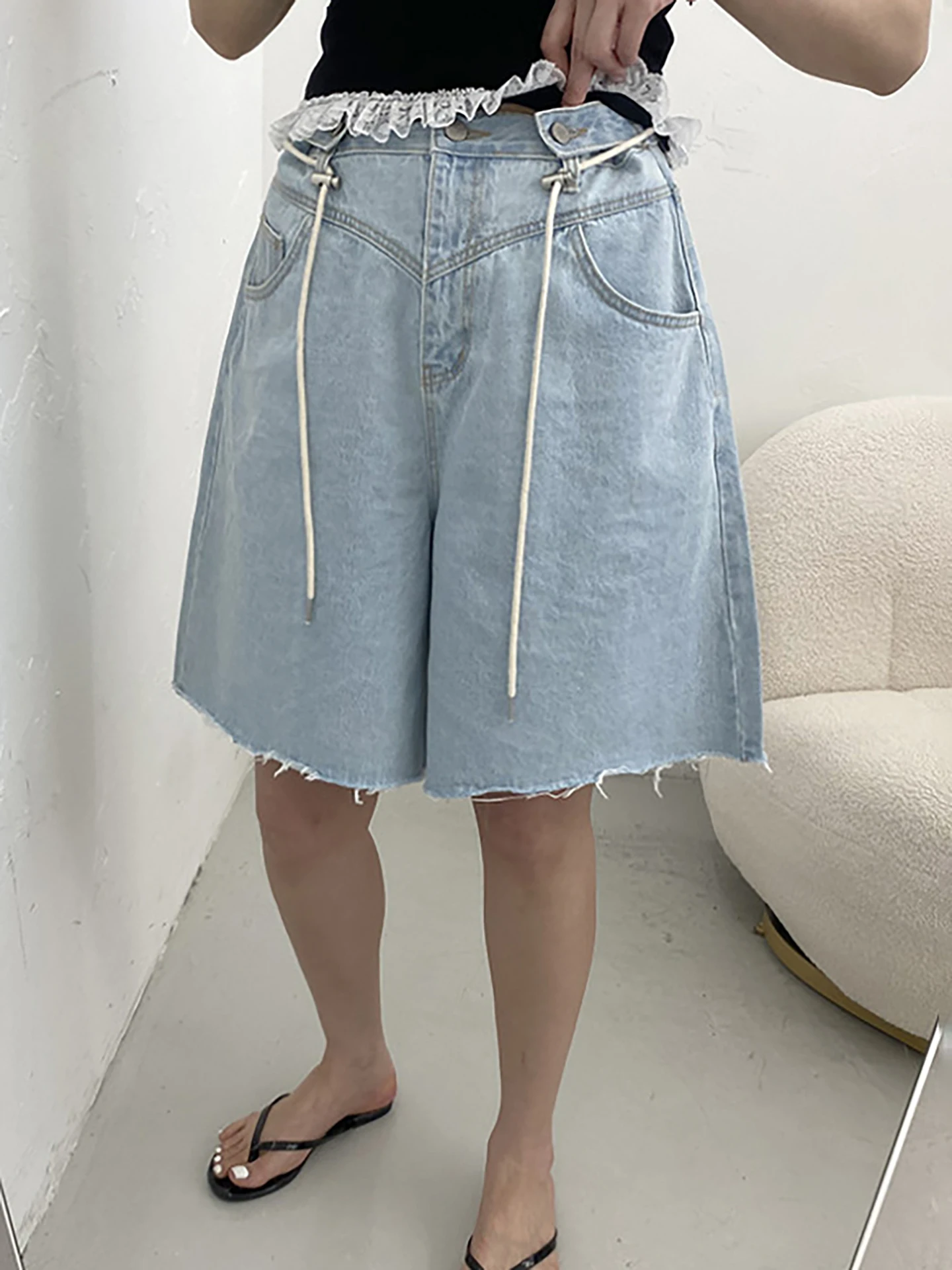

East Gate Design High Waist Crop Denim Shorts Women's Faded Washed Cotton Loose Fit Tapered Leggings with Belt Loop And Fraye...