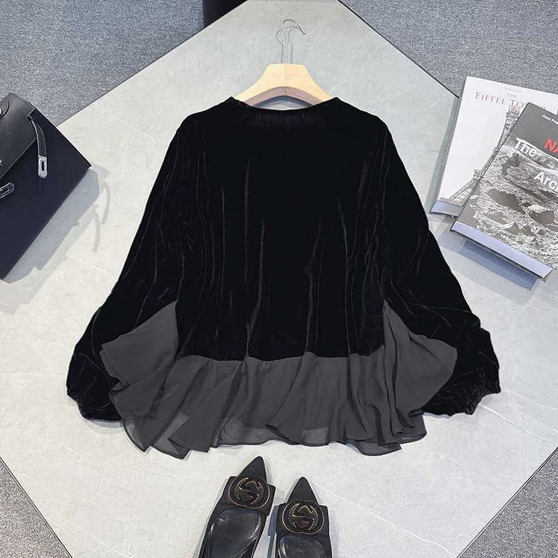 Autumn Winter Velvet Spliced Women V Neck Long Sleeve T Shirts Fashion Ruffles Business Casual Lady 2xl Oversized Tops Tee Black