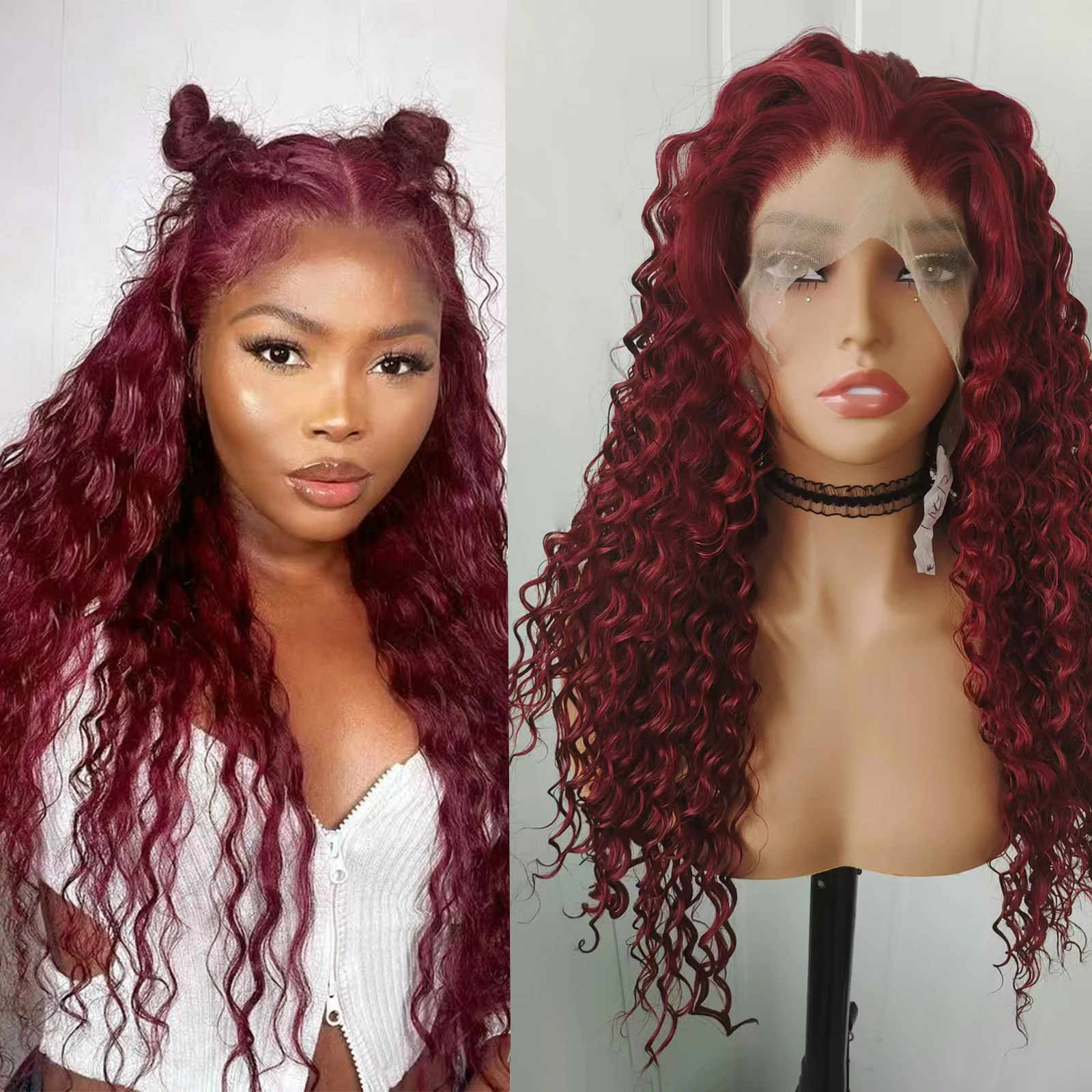 

WIF Red Curly Synthetic Hair Long Curly 13 x 4 Lace Front Natural Hairline Wig Women Makeup Use Wig