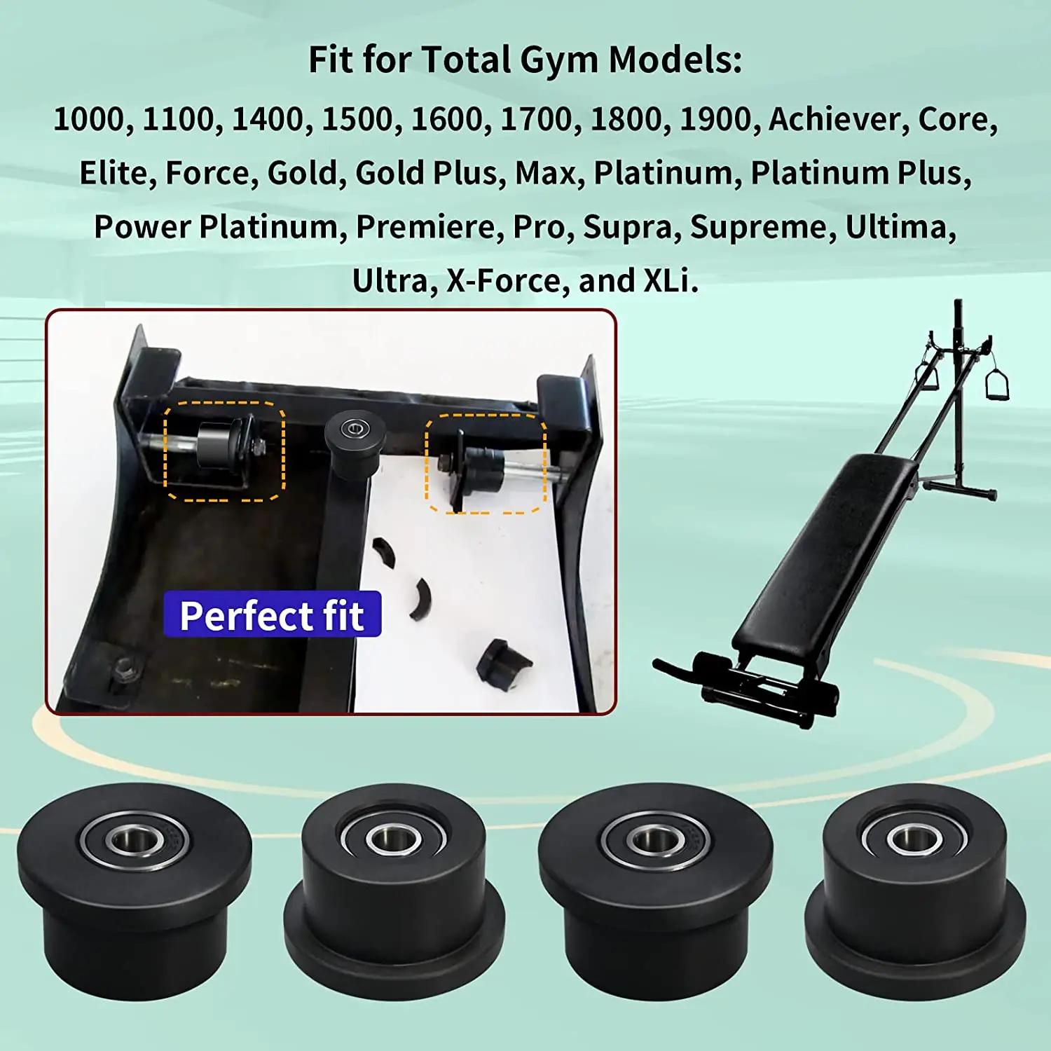 Machined Wheels/Rollers Compatible Total Gym Replacement, Fits Models 1000,1100,1400,1500,1600,1700,1800,1900,Achiever,Force