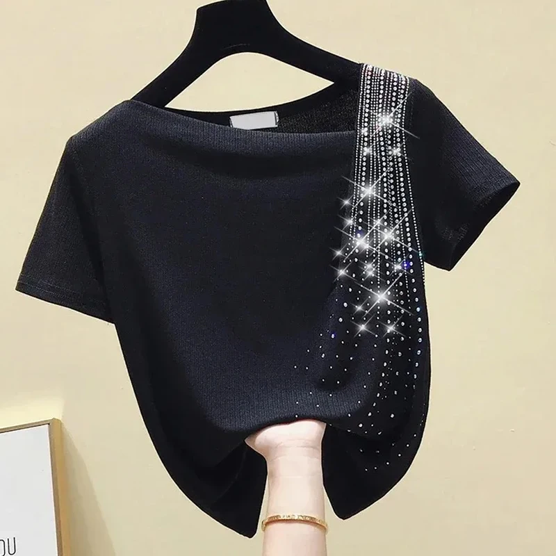 

Solid Short Sleeve Shirt Tops Casual Women Clothing Spring Summer New Irregular Diamonds Tops Black Blouse Femme Blusas 10016