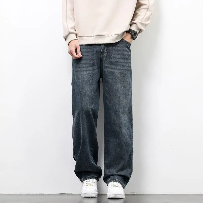 Celana Jeans Pria Lurus Longgar Musim Gugur Celana Denim Dicuci Antik Klasik Pakaian Jalanan Trendi Celana Panjang Lebar Korea Kasual