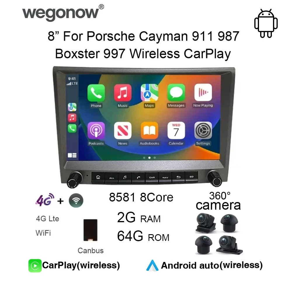 

Автомагнитола Wogonow 8 дюймов IPS на Android 13 для Porsche Cayman 911 987 Boxster 997 с Carplay, Auto, мультимедиа, навигацией, GPS и Wi-Fi