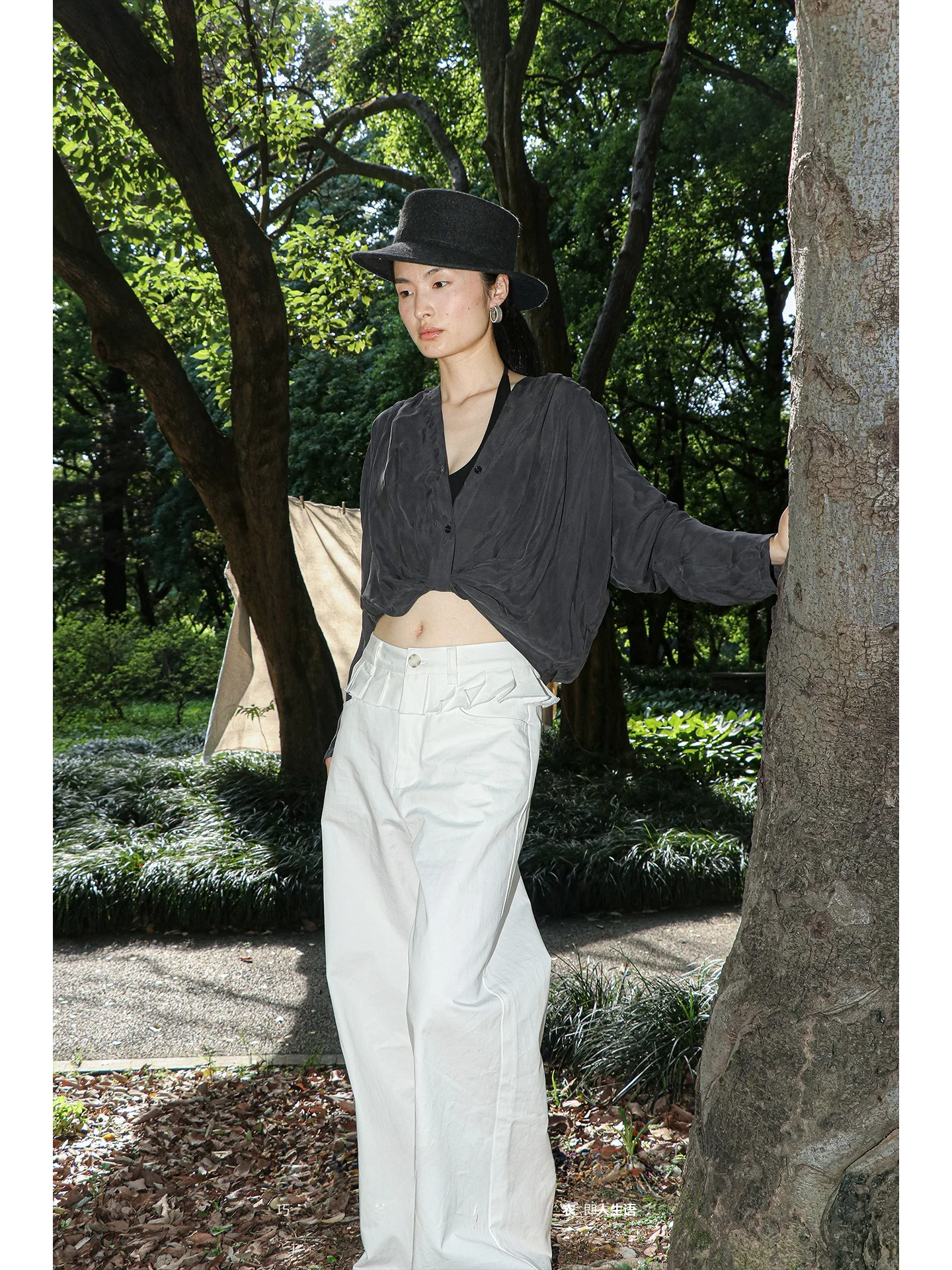 

Comfortable Copper Ammonia Silk Knot Top Shirt Deconstructed Versatile Twist Design Commute Style Loose Fit Long Sleeve V-Neck