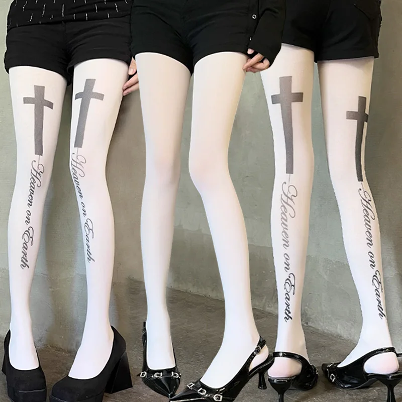 

Vintage Punk Gothic Cross Print Tights Letter Pantyhose Subculture Stockings White Socks Spicy Girls Party Cosplay Accessories