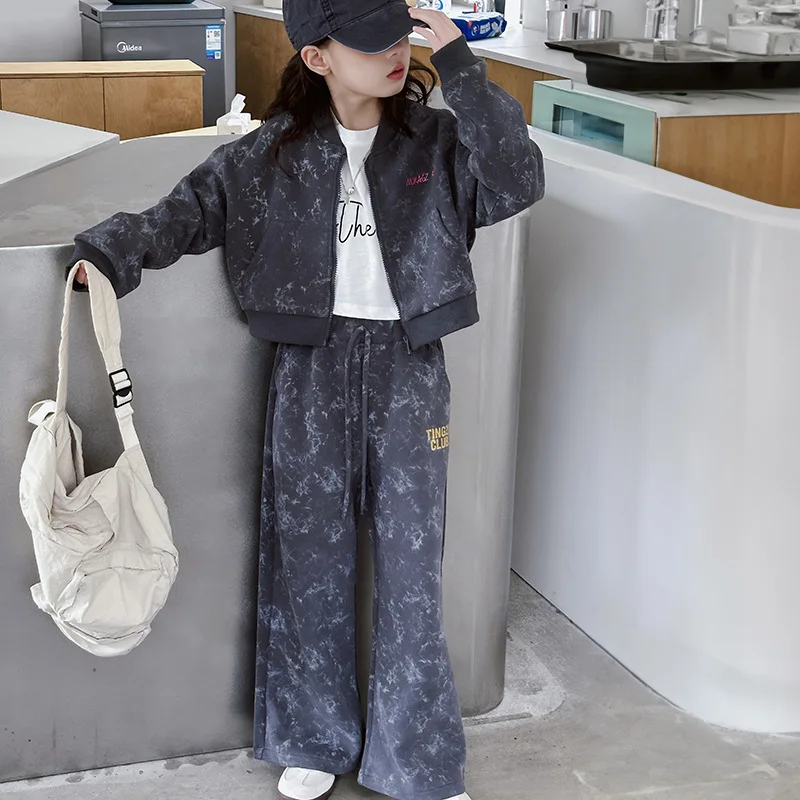 

Autumn Kid Girl Two-piece Tracksuit Letter Embroidery Long Sleeves 4-14Y Girl Set Round Neck Zipper Coat+Drawstring Pant Suits