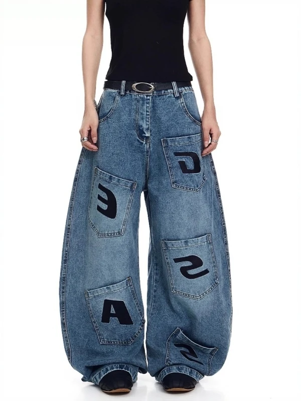 Calças Jeans Estilo Street Cool para Homens e Mulheres, Cor Sólida, Bordado Simples, Múltiplos Bolsos, Lavadas, Retro, Calças...
