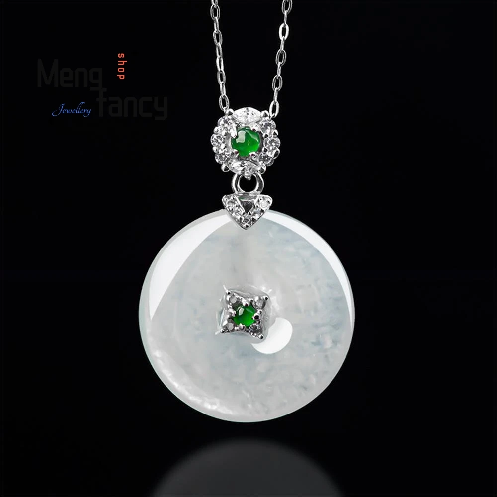 Natural A-goods Jadeite Peace Buckle Pendant S925 Silver Inlay Ice Jade Exquisite Elegant Luxury Fashion Jewelry Holiday Gift