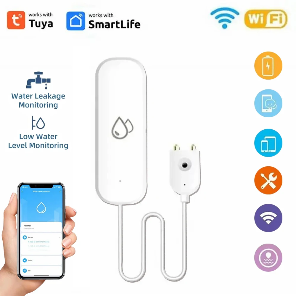 

Умный Wi-Fi датчик уровня воды Tuya, сигнализация о протечке, система обнаружения и оповещения о протечке воды в кухне и ванной, система дистанционного управления через приложение.
