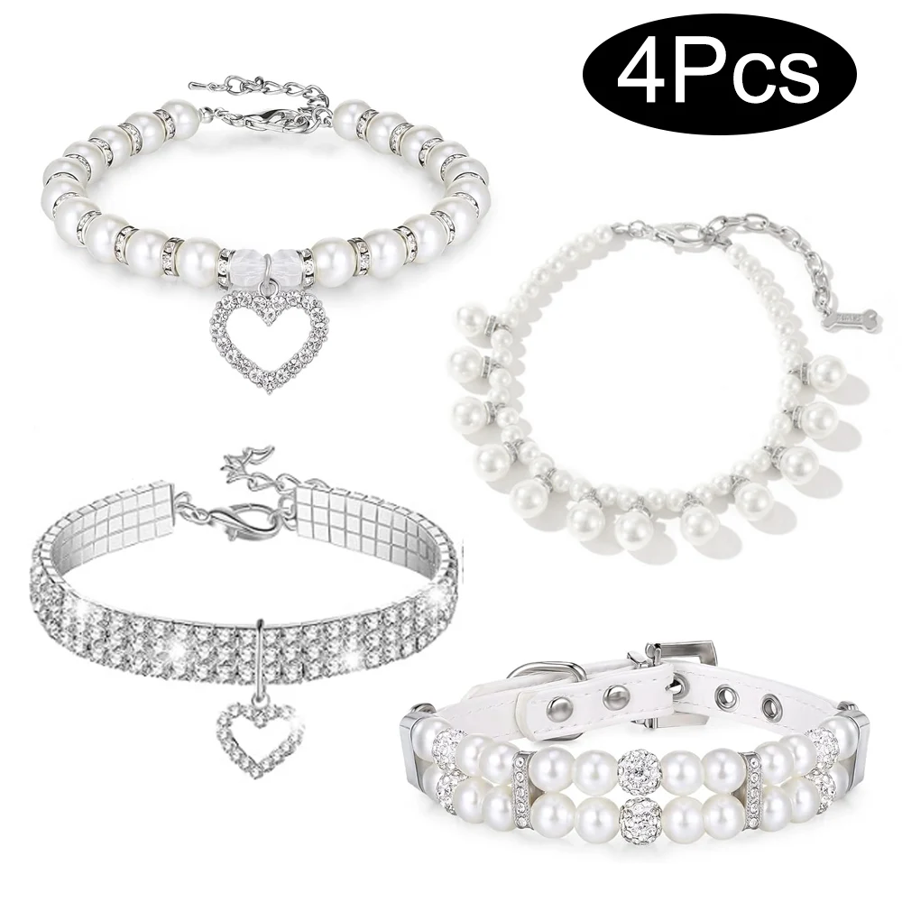 4 Pieces Luxury Dog Collars Adjustable Crystal Rhinestone Diamond Luxury Pearl Cat Dog Collars Pearls Luxury Pet Necklace Collar