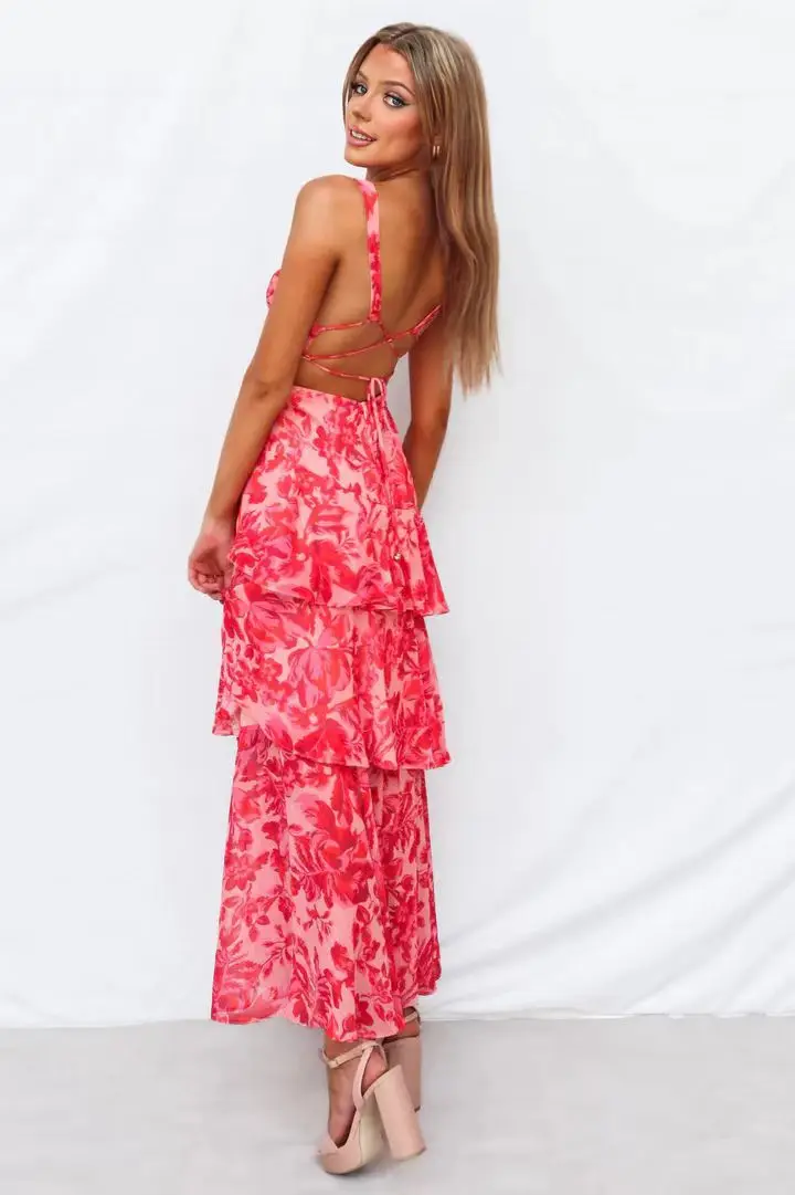 

Women's Dress Temperament V-neck Backless Chiffon Lace Up Pleated Hem Spring Summer Printed Layered Sleeveless Hollow Long Skirt