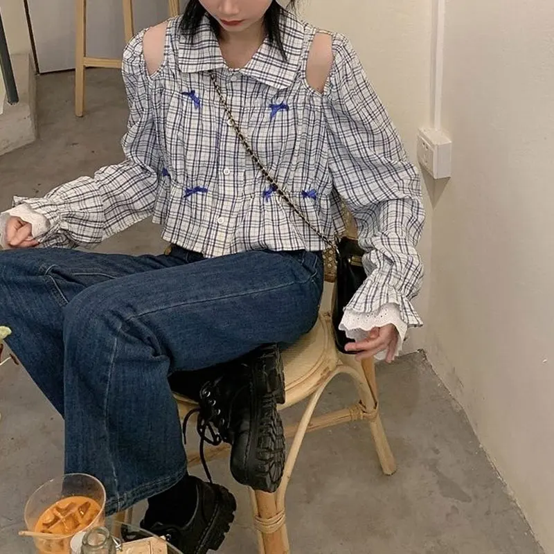 Fashionable Plaid Bow Lapel Blouse Female Clothing Sweet Lace Spliced Spring Autumn Elegant Off Shoulder Hollow Out Aura Shirts