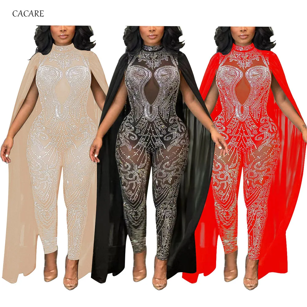 2023 Sexy Mesh Jumpsuit Women Summer Long Jumpsuits Women's Clothing Social Overalls Female One Pieces Night Club Outfits F1121