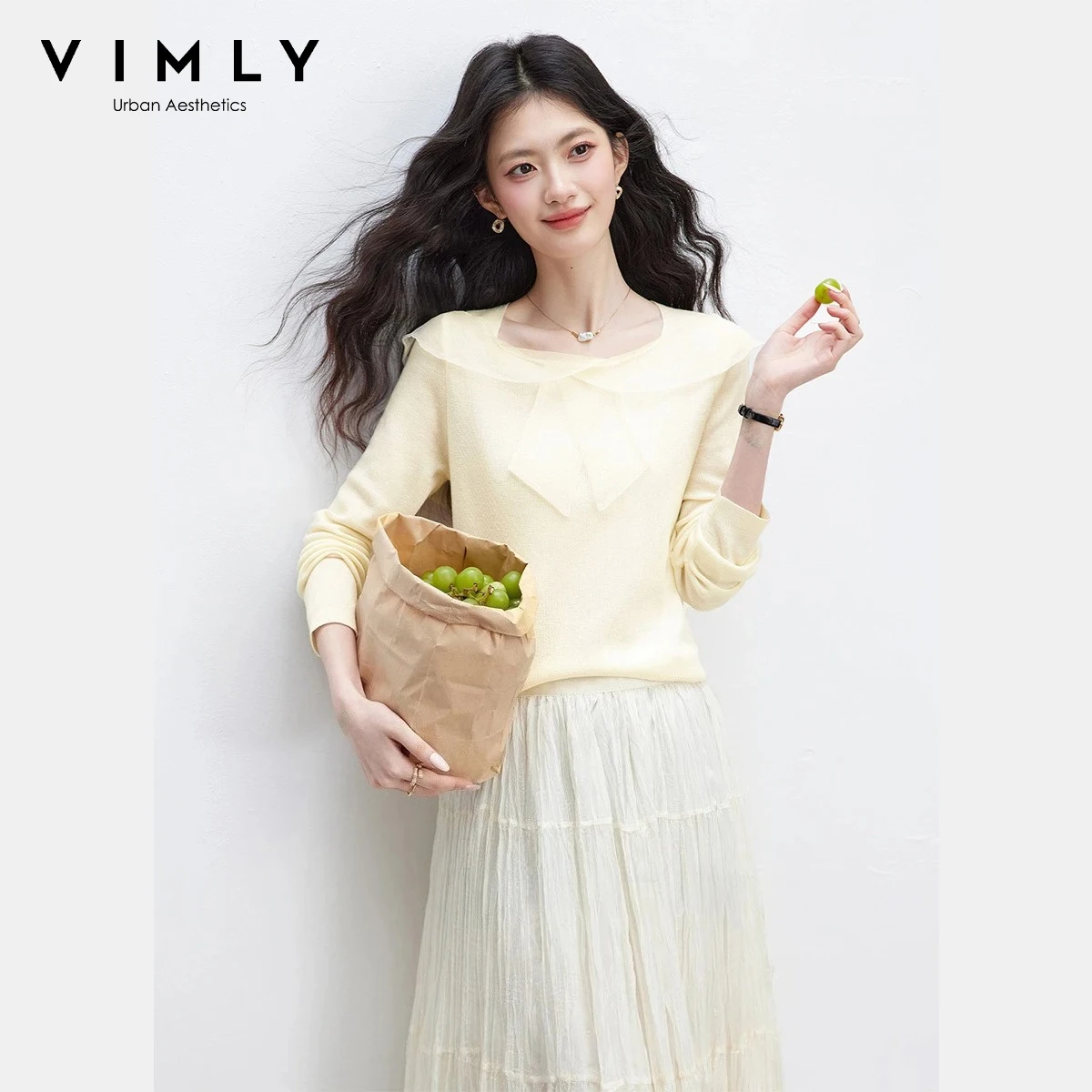 

VIMLY Women's Apricot Knit Top 2026 Spring New Bow Mesh Shawl Collar Crew Neck Long Sleeve Pullover Versatile Commute Tops 75319