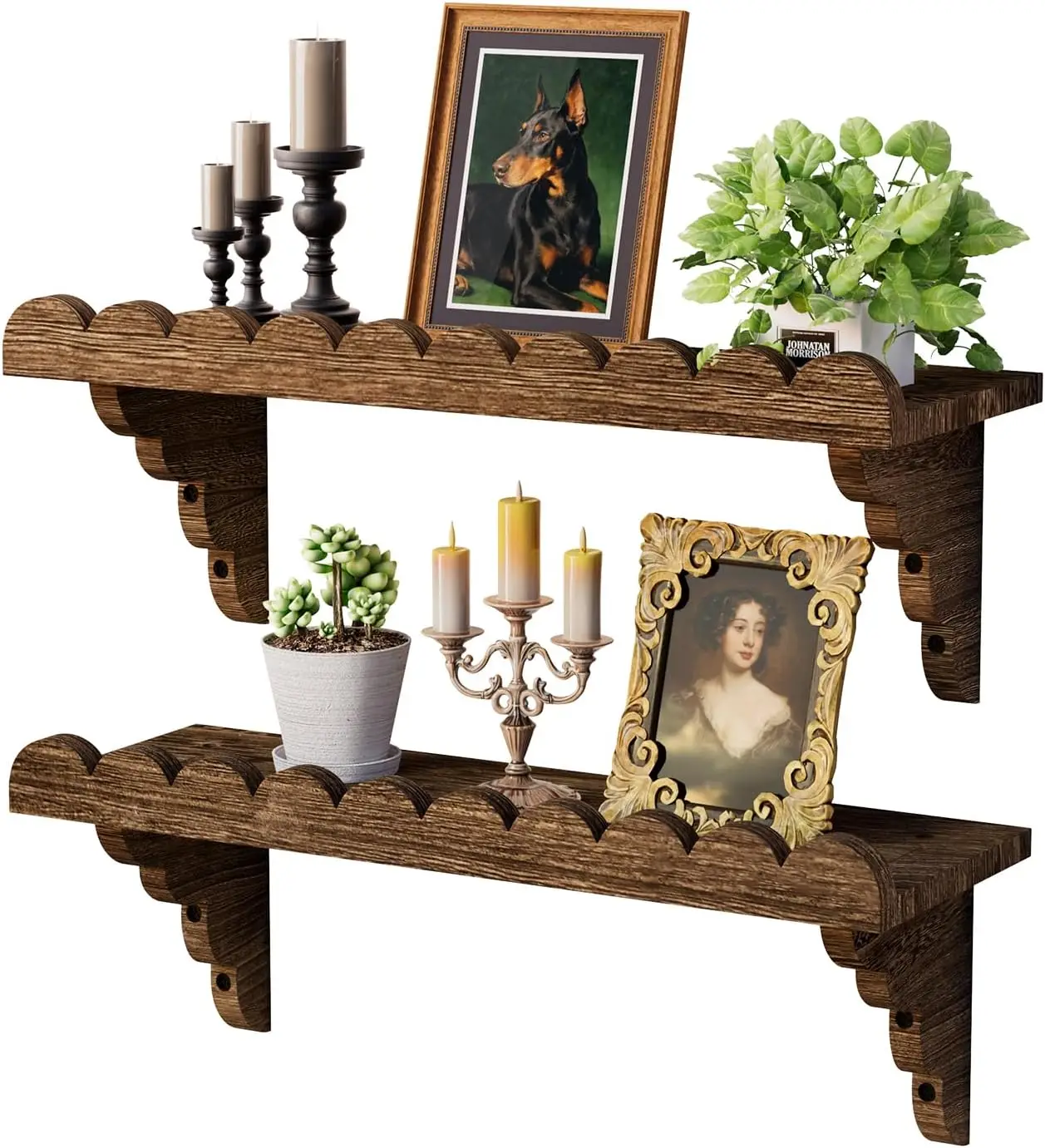 

Scalloped Wood Floating Shelf – 17 Inch, Rustic Wall Shelf with Brackets, Easy Install for Living Room