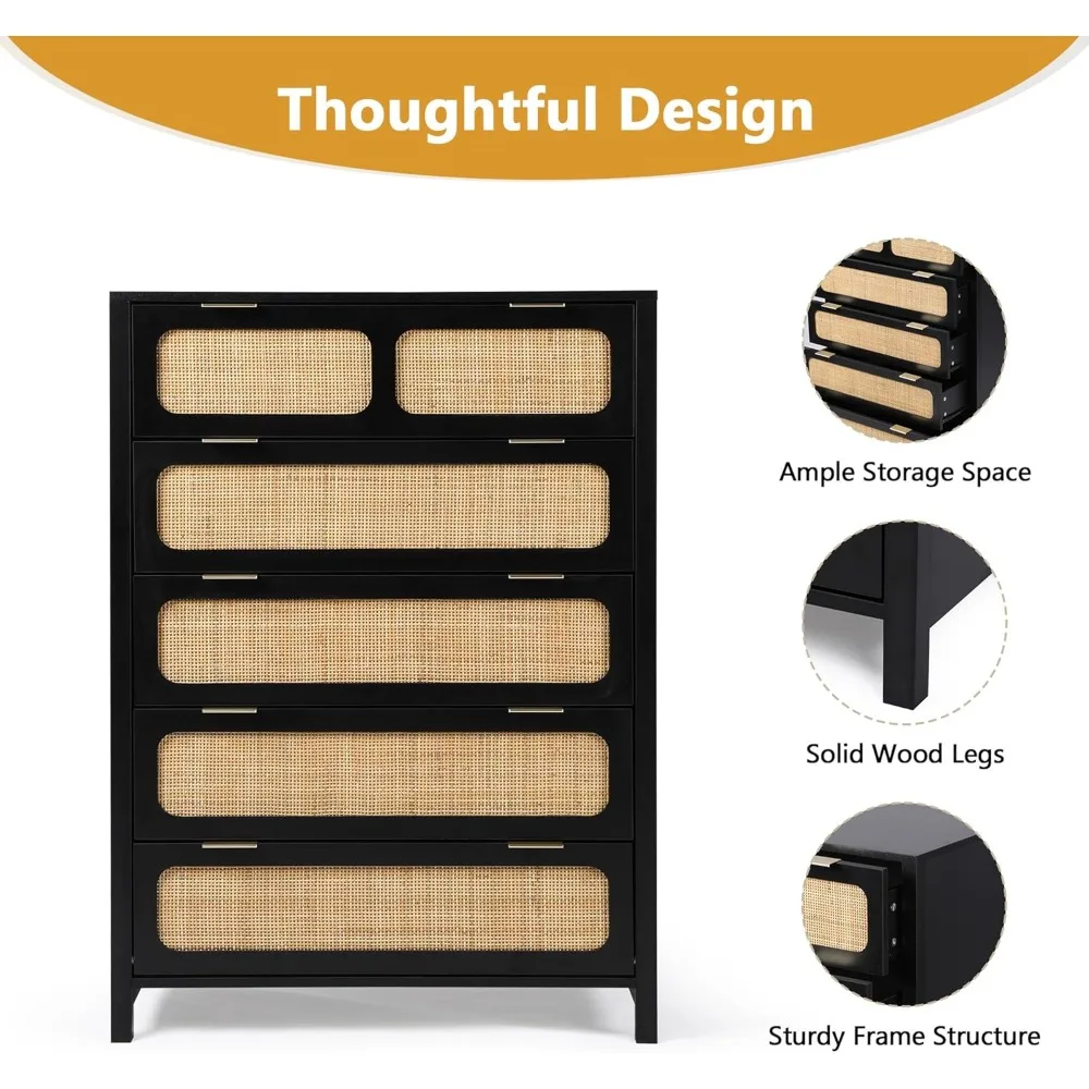 Rattankommode mit 5 Schubladen für Schlafzimmer: Aufbewahrungsschrank aus Holz mit Korbdesign