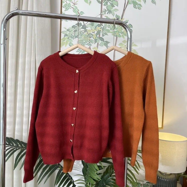 

Women's Long Sve round Ne Knitted Sweater Casual Pure Color Autumn Winter Cardigan Coat with Love Heart Button Design