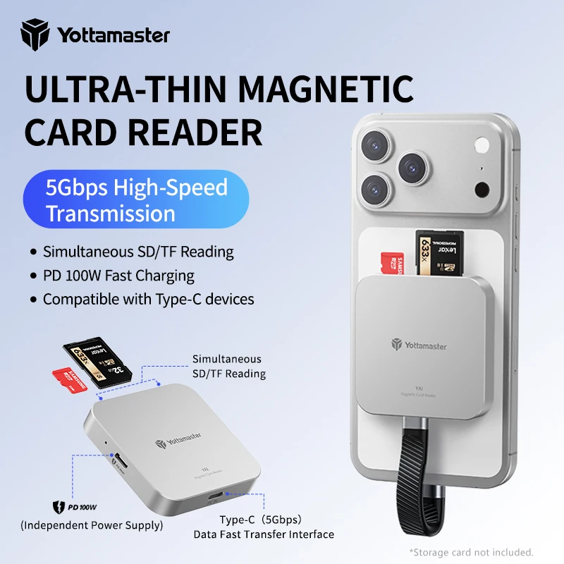 

Yottamaster 5Gbps Magnetic Type-C Hub Card Reader 6 IN 1 USB-C to SD/TF Slot Adapter PD100W USB C HUB For iPhone 17ProMax Laptop