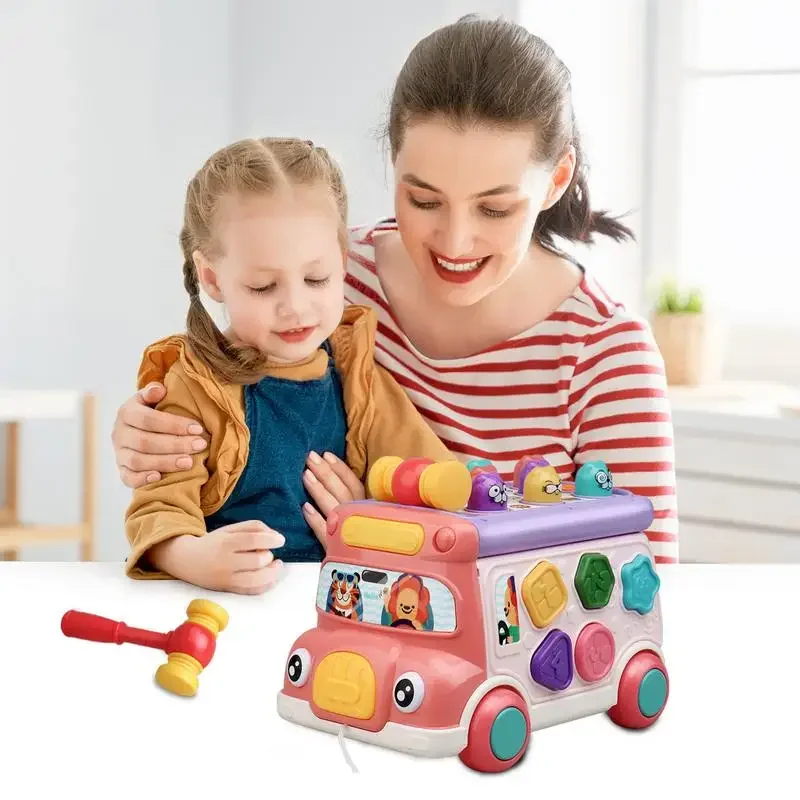 Cartoon Musical Bus Pull Wire Whac-A-Mole Lights Montessori Kids Toys Knock Piano Beads Blocks Beating Game Education Girls Gift