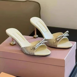 Water Diamond One Line Sandals for Women's Summer 2024 New High Heels Slim Heel Round Head Bow Slippers
