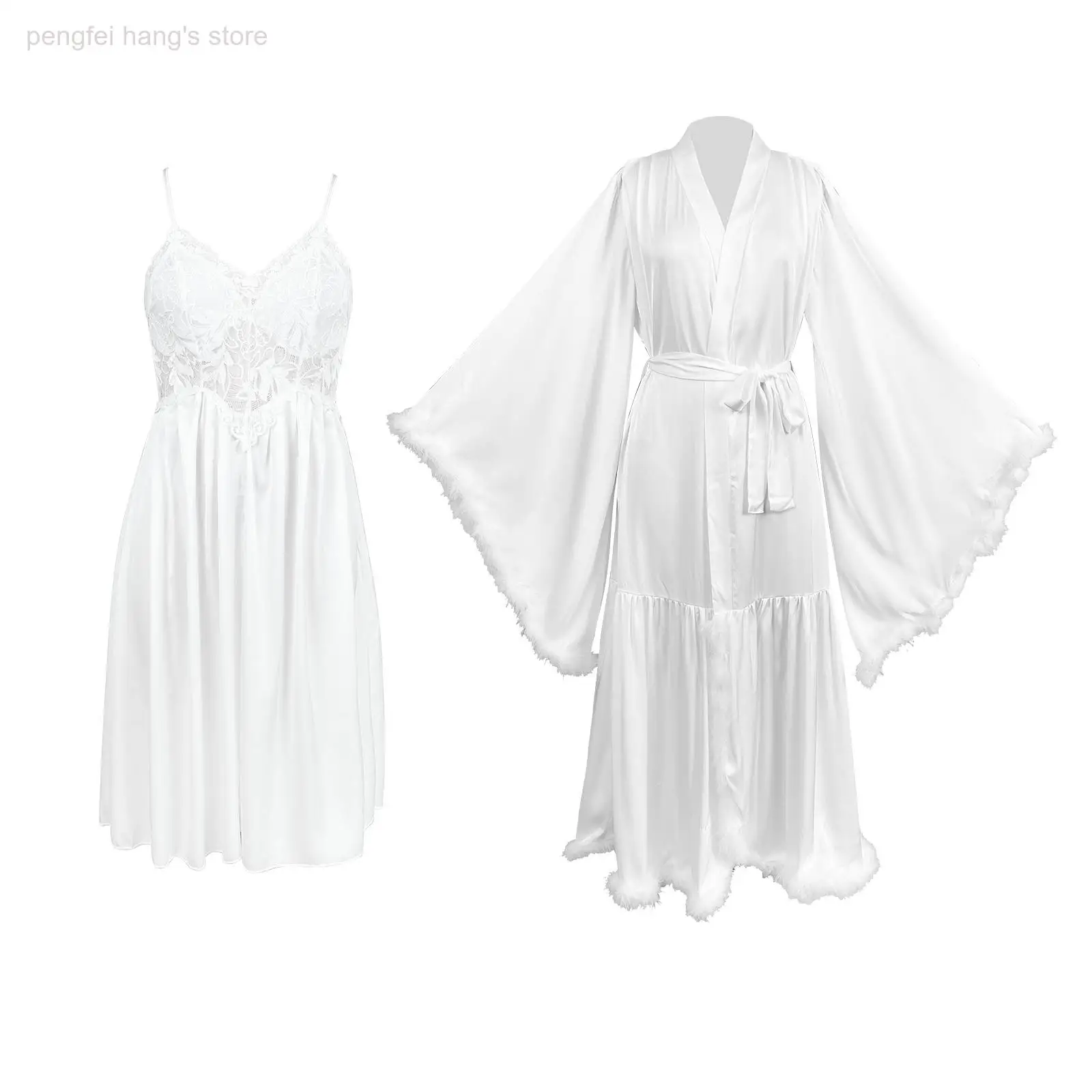 Women European Furry Trim Satin Bridal Morning Gown Set Oversized Flare Sleeve Long Robe Matching Lace Cami Slip Dress