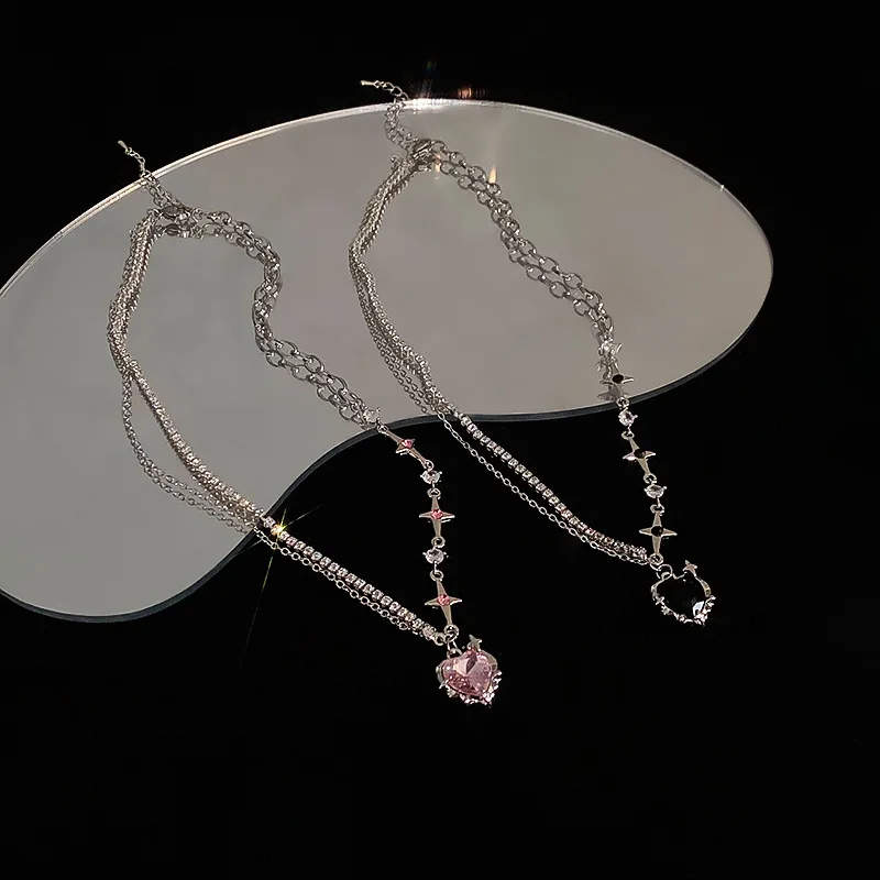 Y2K الأرجواني الوردي كريستال القلب قلادة قلادة للنساء جديد Egirl ايمو الشرير الجرونج الترقوة سلسلة موضة هدايا عيد الحب