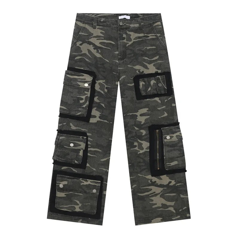 SYUHGFA-pantalones Cargo para hombre, pantalón informal de camuflaje con bolsillo grande, diseño de botones, pierna recta ancha, parte inferior holgada, moda, otoño 2024