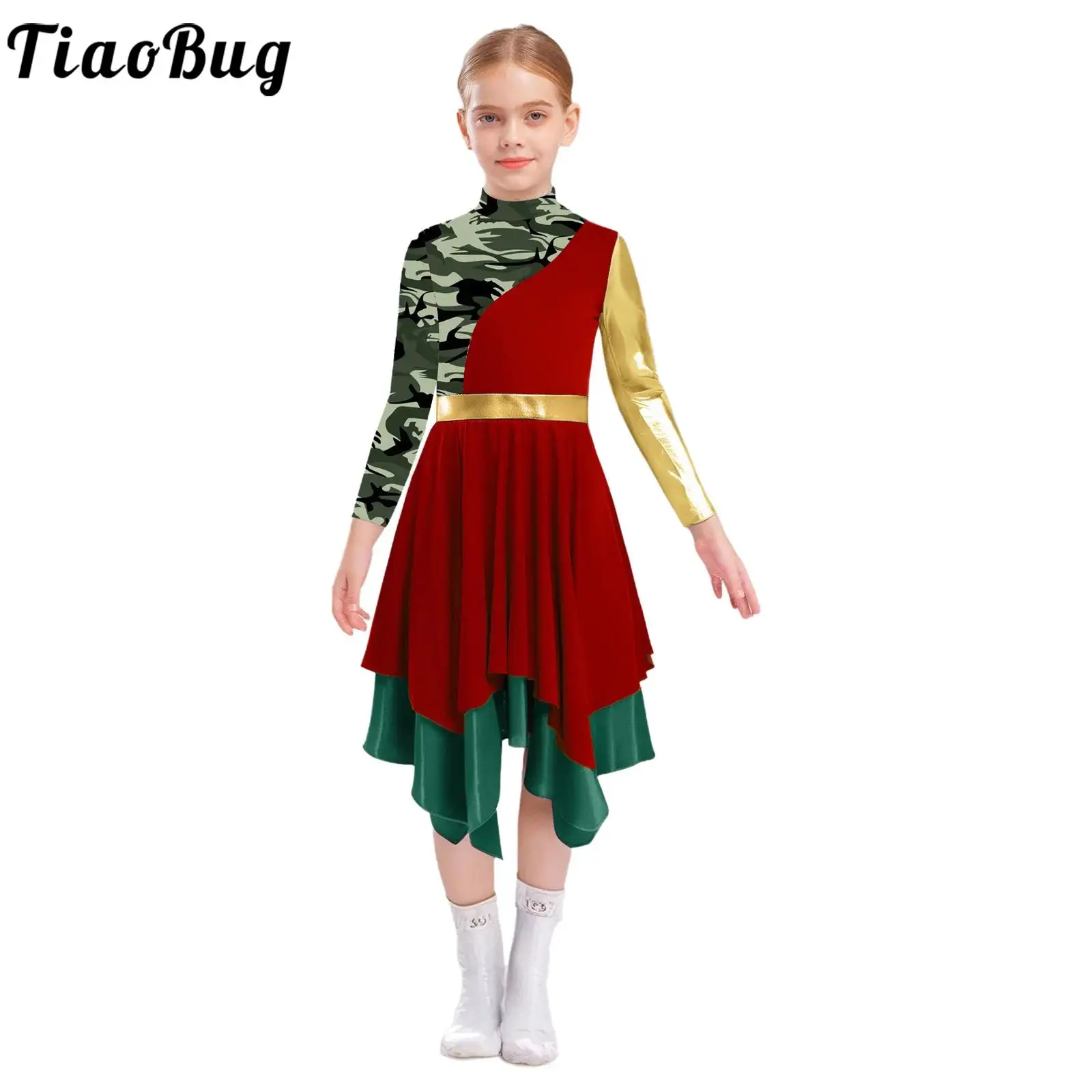Kids Girls Liturgical Praise Dance Tunic Dress Christian Church Choir Worship Ballet Lyrical Dancewear Metallic Printed Dresses