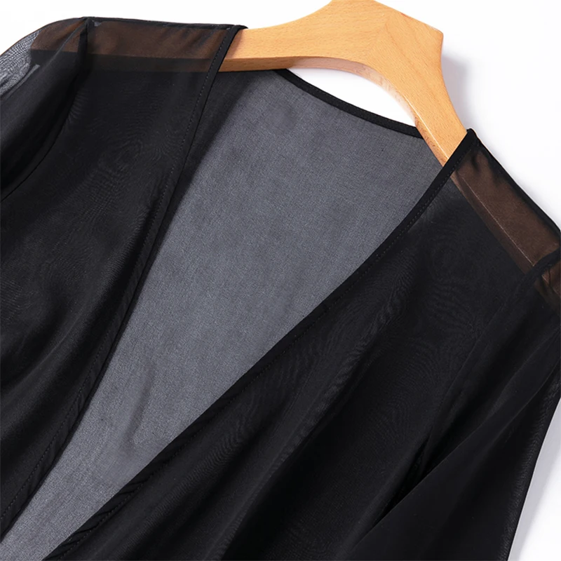 Women Cardigan 100% Natural Mulberry Silk Thin type Solid Black Bow-tied bottom Shawl Cappa Blouse Top Shirt M1133