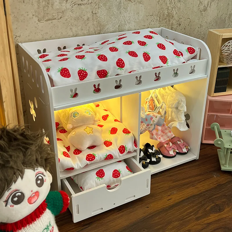 

Двухслойный комплект постельного белья для кукольного домика с матрасом для хранения подушек для верхних и нижних кроватей, хлопковая кукольная мебель, кровать