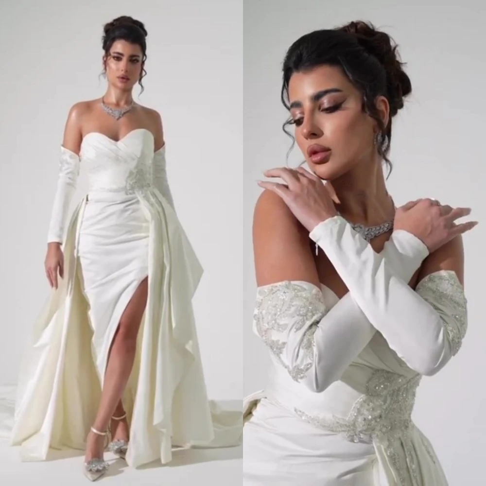 Hochwertige funkelnde exquisite Jersey Pailletten Perlen geraffte A-Linie schulter freie maßge schneiderte Anlass Kleid lange Kleider