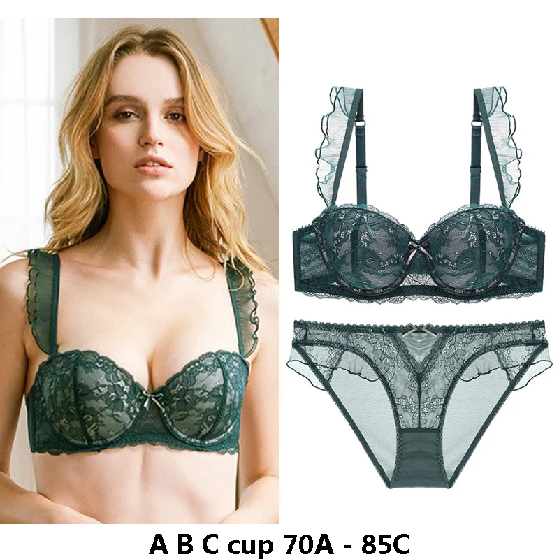 

high quality sexy women bras and brief set push up lace A B C cup comfortable wire summer lingerie underwear black green white