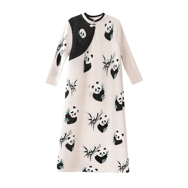 Miyake Dress Retro Middle Aged Mom Dress Female 2024 Autumn Style Temperament Reduced Age Panda Print Improved Cheongsam Dress